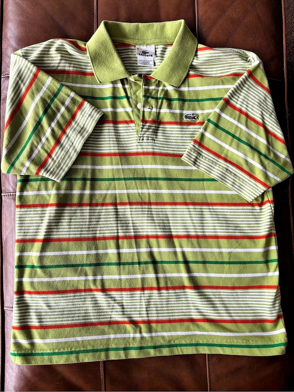 Lacoste Men's Striped Polo in Green & Orange Retro Vintage Feel Men’s XL